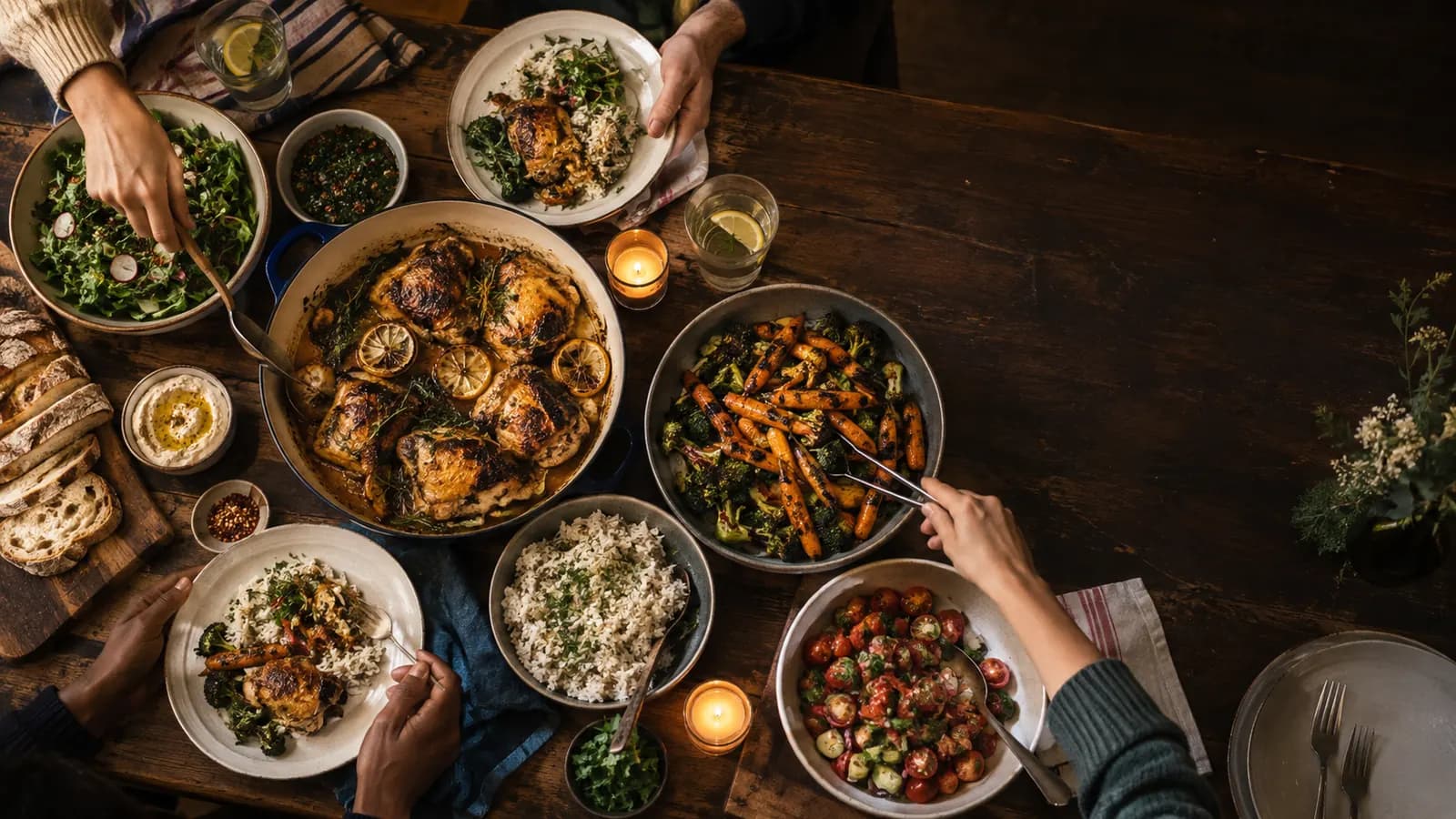 People around a table sharing a home-cooked meal of several dishes.
