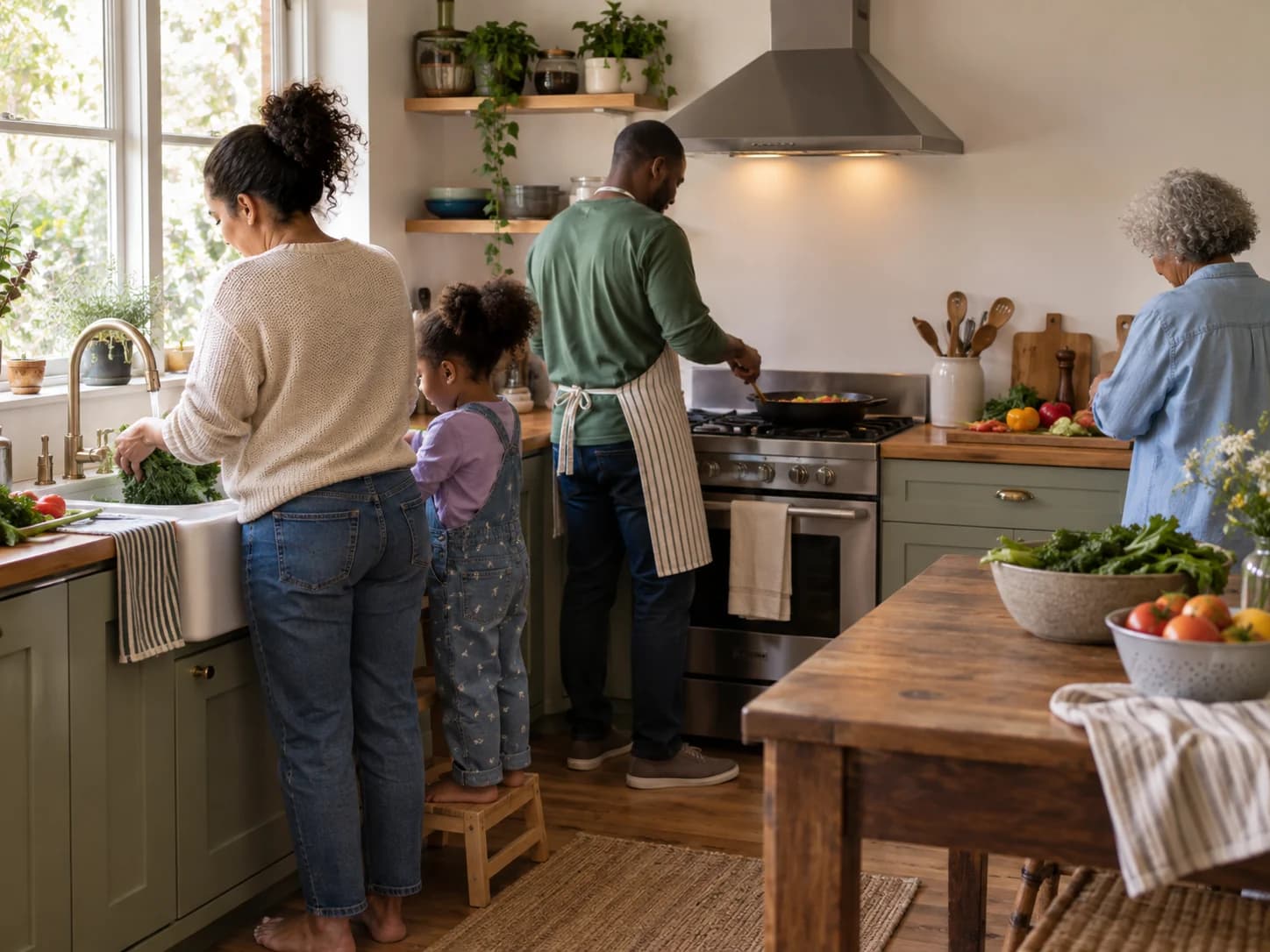 Two adults and a child cooking together at a kitchen counter, with a third person nearby.