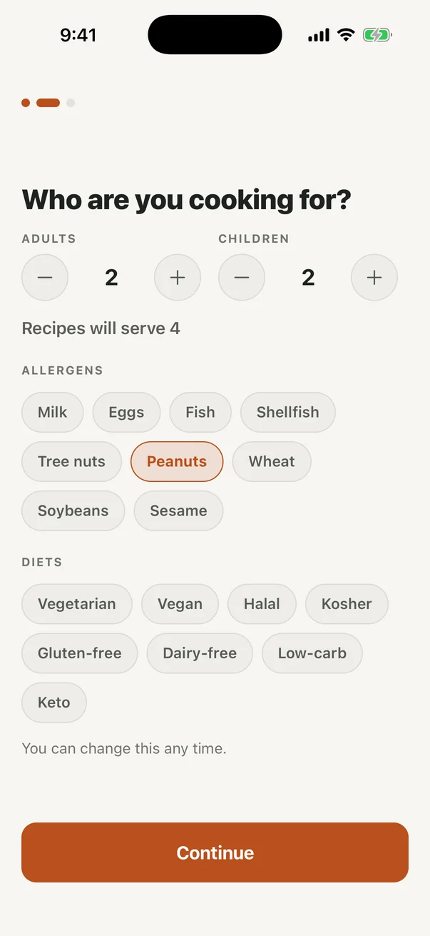 The household screen with steppers set to two adults and two children, a line reading Recipes will serve 4, the nine major allergens with peanuts selected, and the diet options.