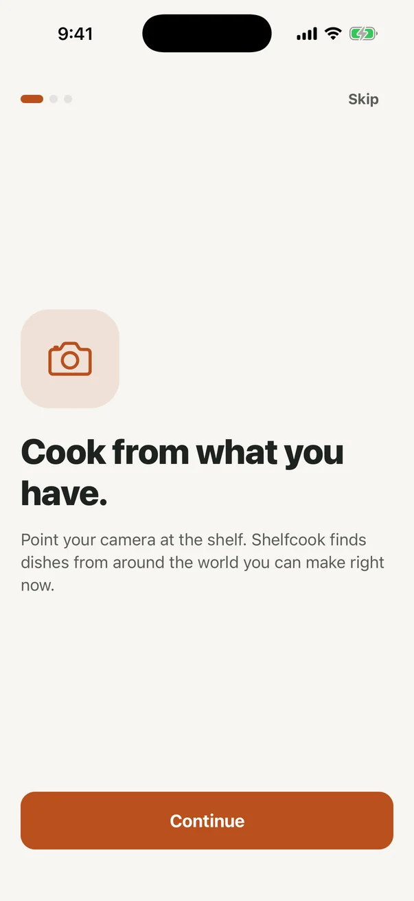The Shelfcook welcome screen, headed Cook from what you have, explaining that pointing the camera at a shelf finds dishes you can make right now.